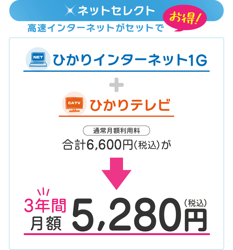 ネット・テレビコース（ひかりインターネット1ギガ+ひかりテレビ（通常月額利用料6600円/税込））が、3年間月額5280円！