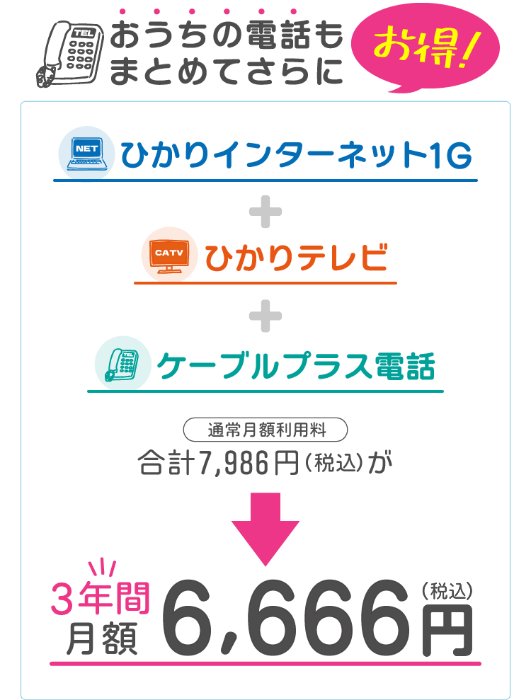トリプルコース（ひかりインターネット1ギガ+ひかりテレビ+ケーブルプラス電話（通常月額利用料7,986円/税込））が、3年間月額6,666円！