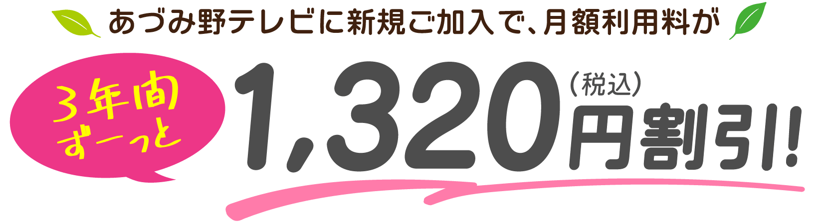 あづみ野テレビに新規ご加入で、月額利用料が3年間ずーっと1320円（税込）割引！