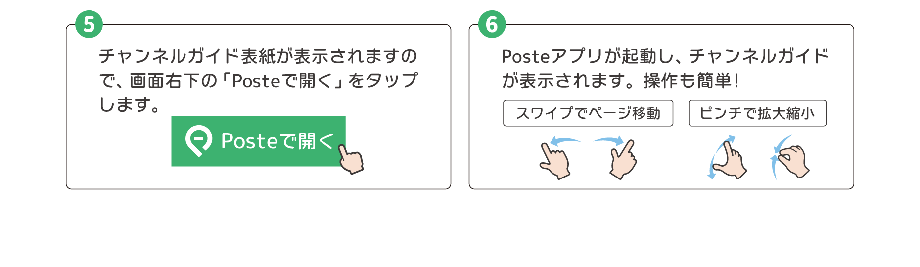④チャンネルガイドのご案内ページが表示されますので、ご覧になりたいチャンネルガイドをタップします。⑤チャンネルガイド表紙が表示されますので、画面右下の「Posteで開く」をタップします。⑥Posteアプリが起動し、チャンネルガイドが表示されます。操作も簡単！（スワイプで移動、ピンチで拡大縮小）