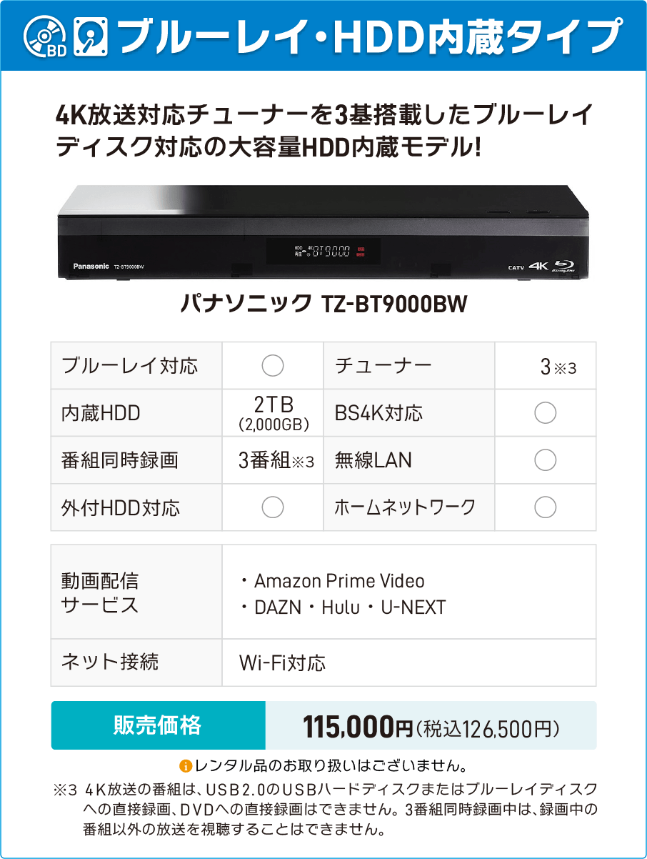 パナソニック TZ-BT9000BW（4K対応・ブルーレイ／HDD内蔵）販売価格126,500円（税込））