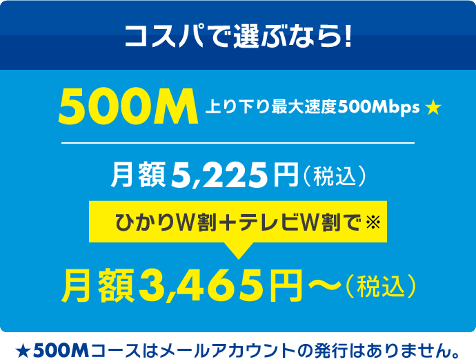 ひかり500M（税込5,225円→セット割引で3,150円〜）※500Mコースはメールアカウントの発行はありません