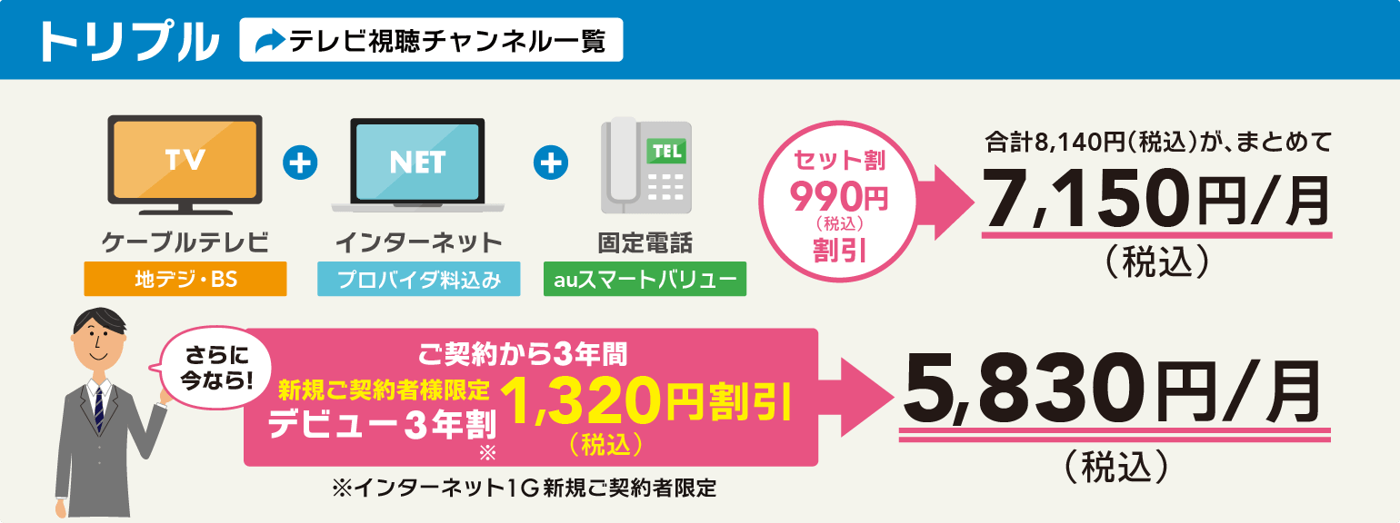 トリプルコース（テレビ+インターネット+固定電話）がセット割適用で月額税込み7,150円！さらに新規ご契約者限定デビュー3年割で3年間月額税込み5,830円